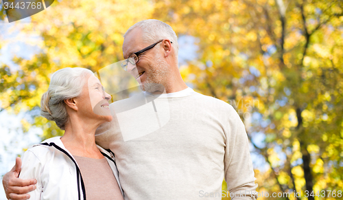 Image of happy senior couple in autumn park