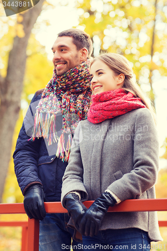 Image of smiling couple hugging on bridge in autumn park