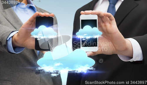 Image of businessman and businesswoman with smartphones