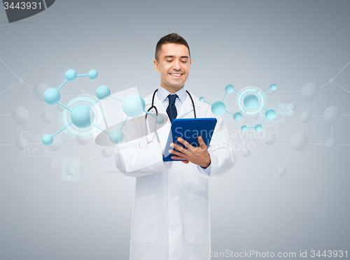 Image of male doctor with tablet pc and molecule formula