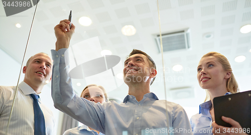 Image of smiling business people with marker and stickers