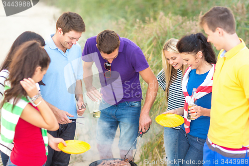 Image of group of friends having picnic on beach