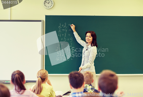 Image of school kids and teacher writing on chalkboard