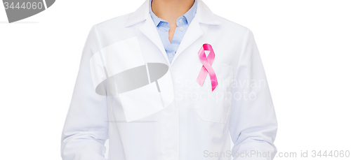 Image of female doctor with breast cancer awareness ribbon