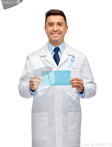 Image of happy doctor with prostate cancer awareness ribbon