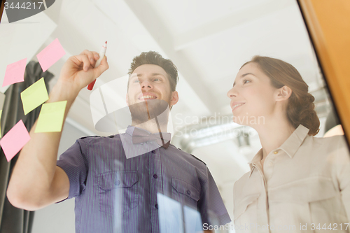 Image of happy creative team writing on blank office glass