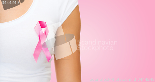 Image of close up of woman with cancer awareness ribbon