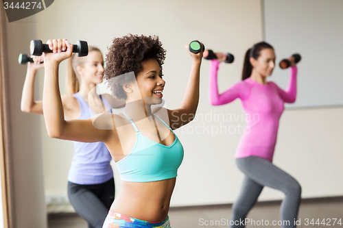 Image of group of happy women with dumbbells in gym