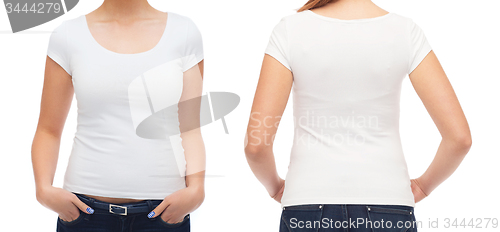 Image of close up of young woman in blank white t-shirt