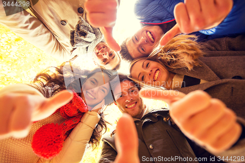 Image of group of smiling men and women in autumn park