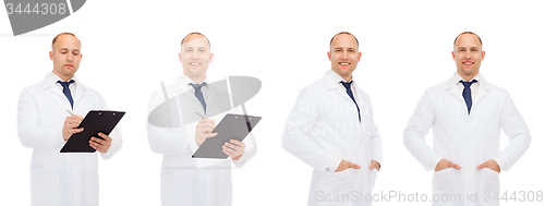 Image of happy doctors with clipboard and stethoscope