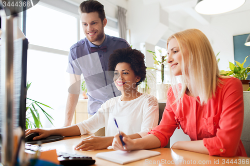 Image of happy creative team with computer in office