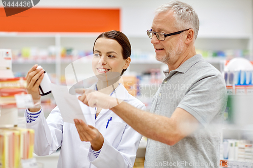 Image of pharmacist and senior man buying drug at pharmacy