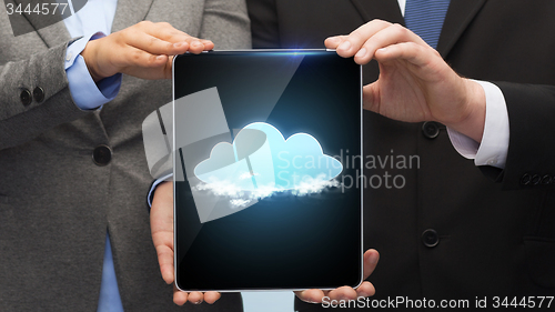 Image of businessman and businesswoman with tablet pc