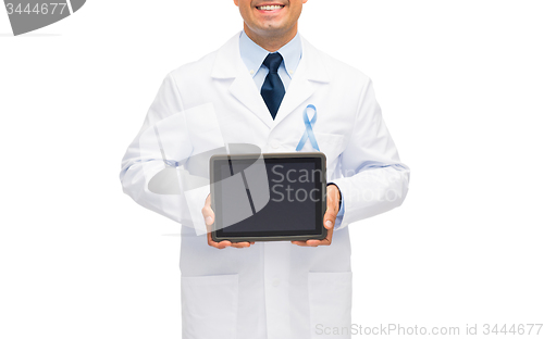 Image of happy doctor with prostate cancer awareness ribbon