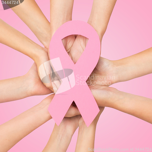 Image of close up of hands with cancer awareness symbol