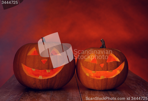 Image of close up of pumpkins on table