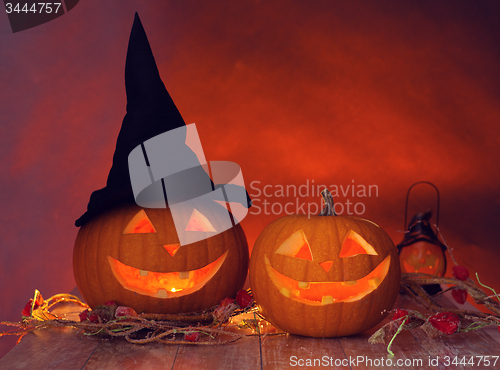 Image of close up of pumpkins on table