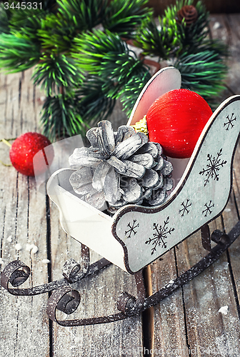Image of Christmas card with sleigh and ornaments