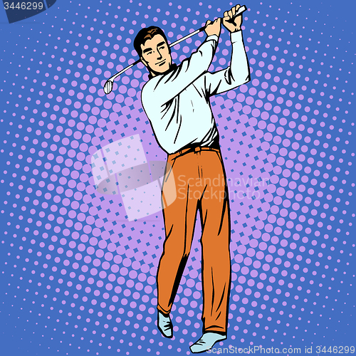 Image of Handsome man playing Golf retro style pop art
