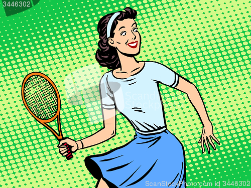 Image of Young woman playing tennis retro style pop art