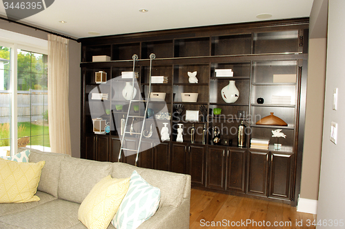 Image of Living room in a new house with book shelves\'