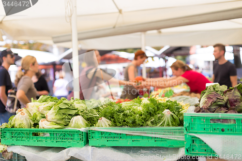 Image of Farmers\' food market stall with variety of organic vegetable.