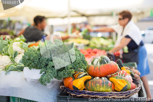 Image of Farmers\' food market stall with variety of organic vegetable.