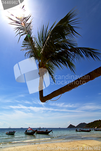 Image of sun ligt asia in the   tao bay isle white  beach    rocks  boat 