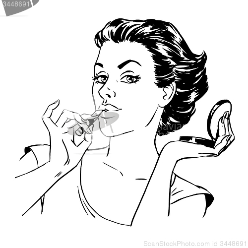 Image of Morning makeup girl with lipstick on a mirror and powder