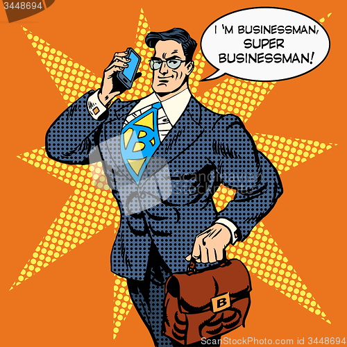 Image of super businessman answering phone call