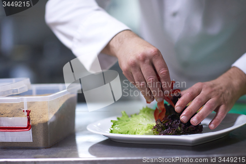 Image of chef in hotel kitchen preparing and decorating food