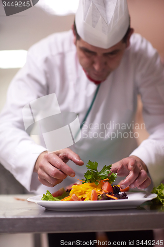 Image of chef in hotel kitchen preparing and decorating food