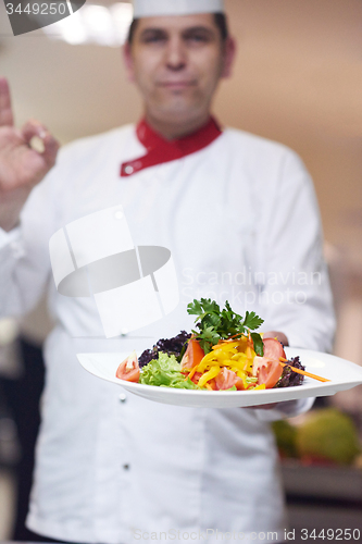 Image of chef in hotel kitchen preparing and decorating food