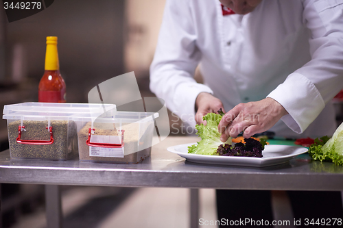 Image of chef in hotel kitchen preparing and decorating food