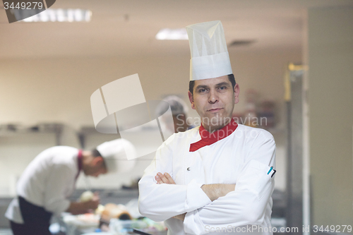 Image of chef in hotel kitchen preparing and decorating food