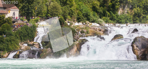 Image of RHEINFALLS, SWITZERLAND - JULY 25, 2015: View to the biggest wat