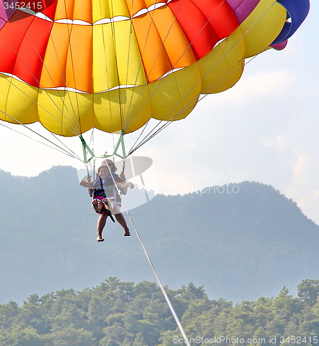 Image of Parasailing in a blue sky near sea beach