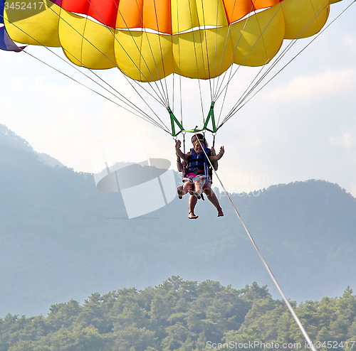 Image of Parasailing in a blue sky near sea beach