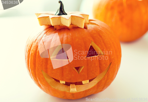 Image of close up of pumpkins on table