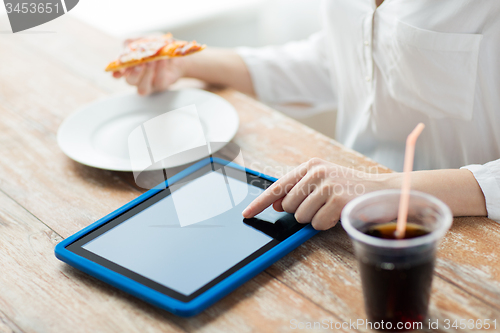 Image of close up of woman with tablet pc counting calories