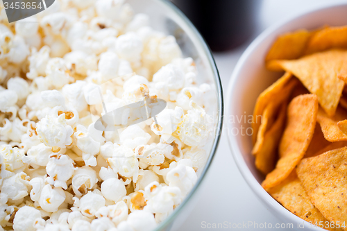 Image of close up of popcorn and corn crisps or nachos