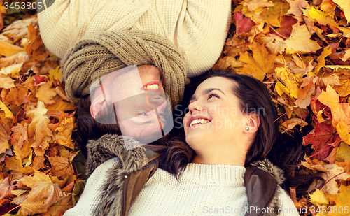 Image of close up of smiling couple lying in autumn park