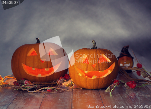 Image of close up of pumpkins on table