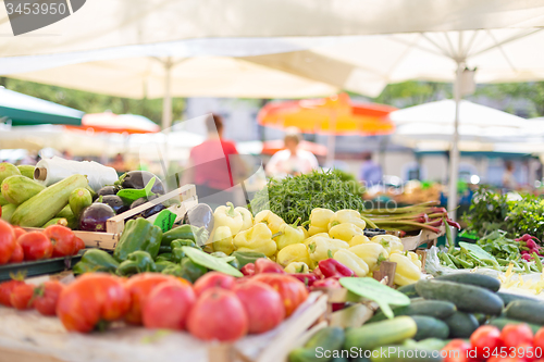 Image of Farmers\' food market stall with variety of organic vegetable.