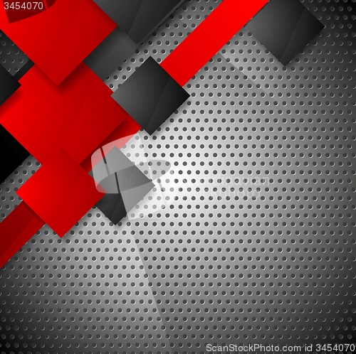 Image of Red and black squares on metallic perforated texture background