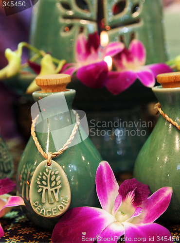 Image of Bottles of herbal spa oils and flowers.