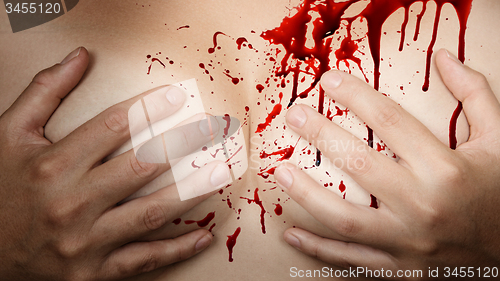 Image of Hands covering breasts - Blood