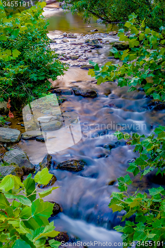 Image of river stream flowing over rock formations in the mountains