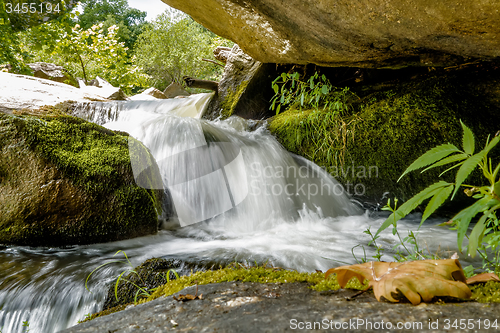 Image of river stream flowing over rock formations in the mountains